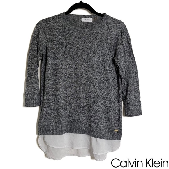 CALVIN KLEIN Heather Gray Tunic Sweater Top with Faux Blouse 3/4 Sleeve - Picture 1 of 10